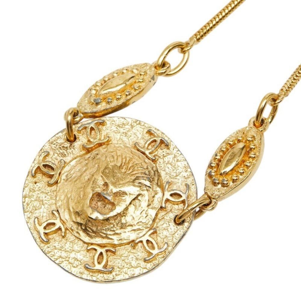 Chanel CC Logo Lion Round Pendant Necklace Gold Plated